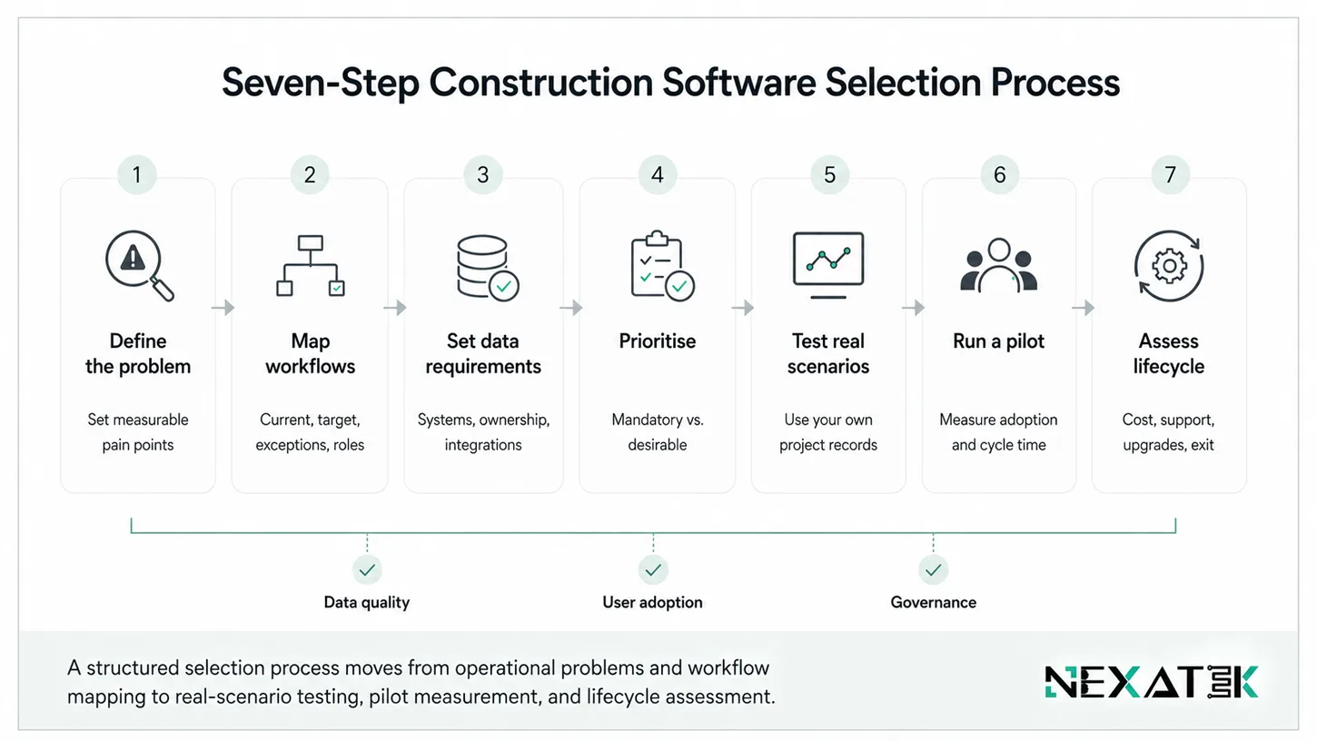 A structured selection process moves from operationalproblems and workflow mapping to real-scenario testing, pilot measurement, and lifecycle assessment.