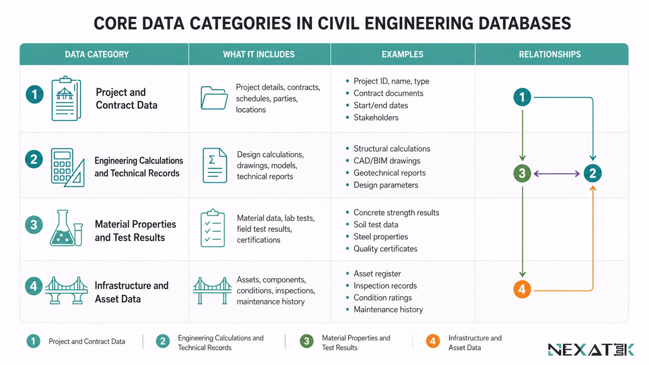 Core Data Categories in Civil Engineering Databases.