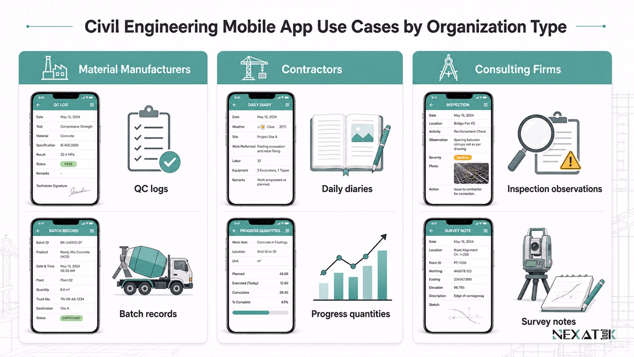  Civil Engineering Mobile App Use Cases by Organization Type.